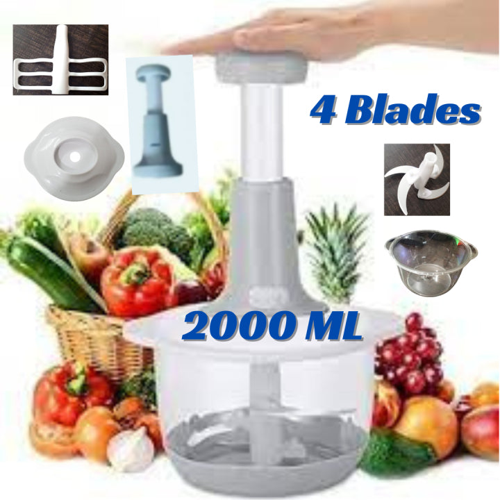 Manual Hand Operated Chopper 2000 ML - Food Processor with 3 Blades - Vegetable Cutter - Hand Crank Chopper for Kitchen - Multi-Functional Salad Maker - Portable Easy to Clean Kitchen Gadget