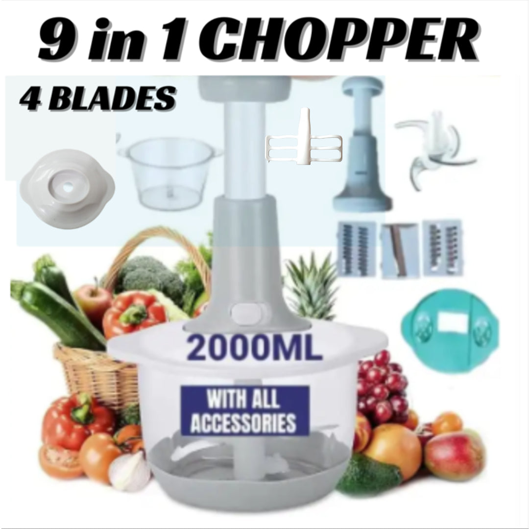 Manual Hand Operated Chopper 2000 ML - Food Processor with 3 Blades - Vegetable Cutter - Hand Crank Chopper for Kitchen - Multi-Functional Salad Maker - Portable Easy to Clean Kitchen Gadget
