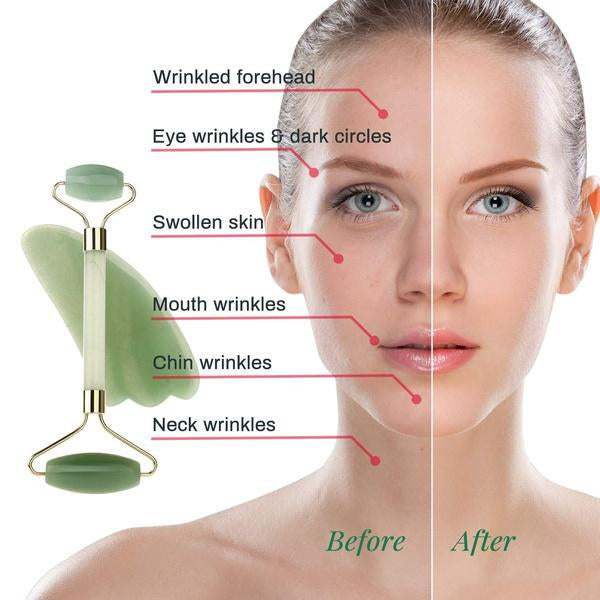Jade roller and Gua Sha Stone Anti Aging Natural Stone Jade Roller for Face Facial Beauty Massager Skin Face Roller Beauty Tools for Skin Care Routine Anti Wrinkle Roller for Neck and Eye