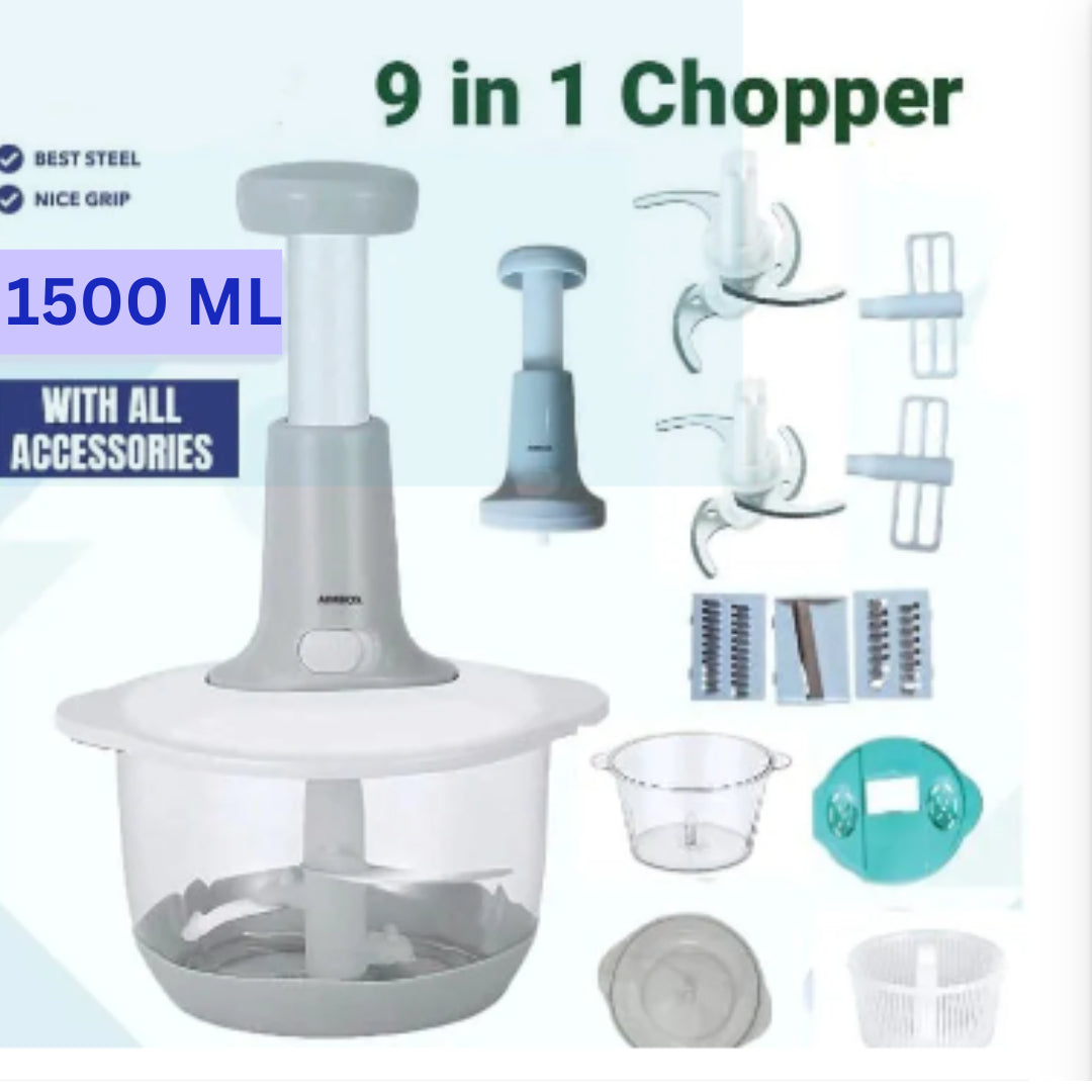 Manual Hand Operated Chopper 2000 ML - Food Processor with 3 Blades - Vegetable Cutter - Hand Crank Chopper for Kitchen - Multi-Functional Salad Maker - Portable Easy to Clean Kitchen Gadget