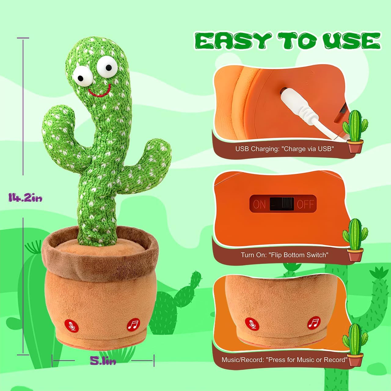 Baby Toys Talking Dancing Cactus with Lights and Music, 120 Songs Plush Toys for Kids, Christmas Birthday Gifts for Girls Boys