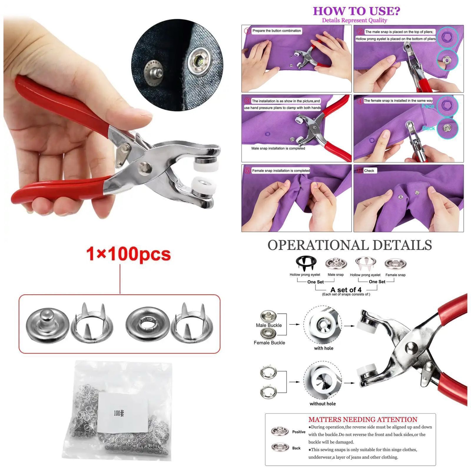 High Quality Metal Tich Button Clipper With 50 Buttons - Press Plier 9.5mm - Abaya Ring Metal Buttons Presser Machine Fastener Snap Buttons Kit - Tich Button Tool Kit